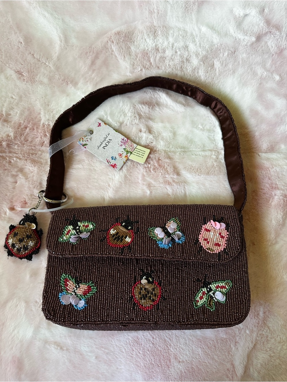 Ladybugs & Butterflies Beaded Brown  Shoulder Purse Bag - Handcrafted in India
